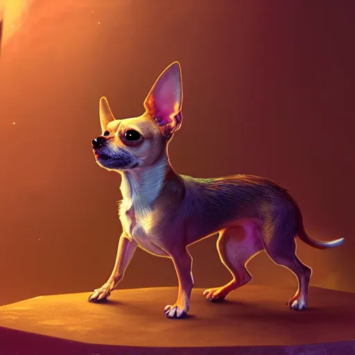 Image similar to humanoid chihuahua living in an extradimensional reality where it is a god, in the style of wlop, illustration, epic, fantasy, hyper detailed, smooth, unreal engine, sharp focus, ray tracing, physically based rendering, renderman, beautiful