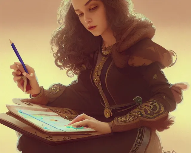 Image similar to hey duggee, holding a notepad and pencil, deep focus, d & d, fantasy, intricate, elegant, highly detailed, digital painting, artstation, concept art, matte, sharp focus, illustration, hearthstone, art by artgerm and greg rutkowski and alphonse mucha