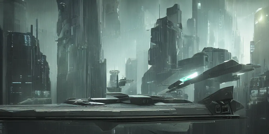 Prompt: Rectangular dark glass and plastic flying sci-fi vehicle in a futuristic city in the style of Bladerunner, designed by f-117, x-wing, octane render, product shot