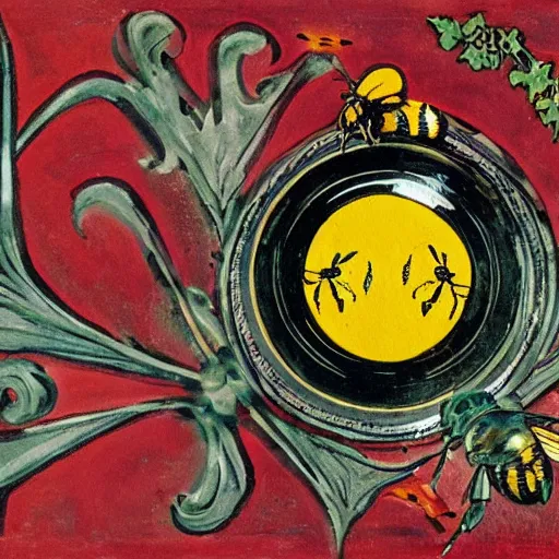 Prompt: a bloody ritual spell with a bumblebee at the middle of a bullseye of salt, art nouveau