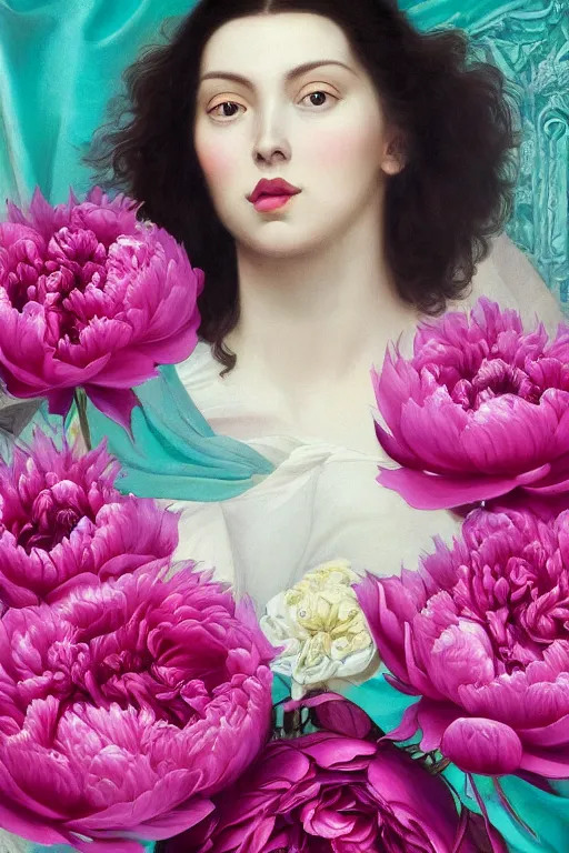 Prompt: hyperrealism close-up mythological portrait of a huge number of peony flowers merged with female, turquoise palette, pale skin, wearing fuchsia silk robe, in style of classicism
