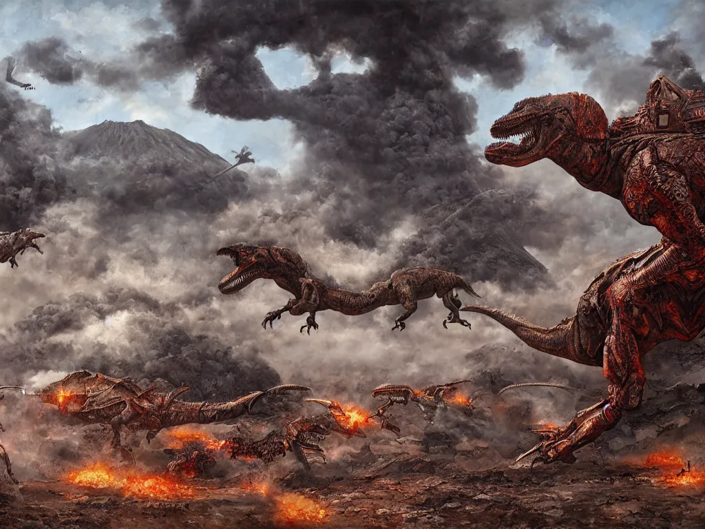 Prompt: A hyperrealistic illustration of a cyborg dinosaur battle in a strange landscape with volcanoes and smoke, by Enki Bilal, Anato Finnstark, award-winning, masterpiece, extreme detail, sharp focus