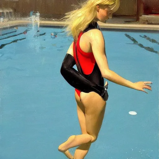 Image similar to a blond lifeguard in a wetsuit jumping into the pool. Kuvshinov ilya. Repin. Phil Hale