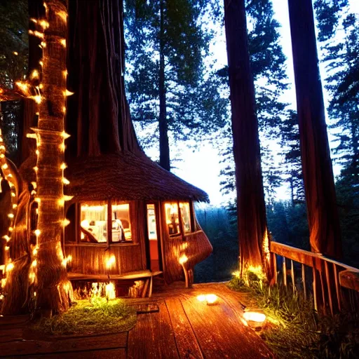 Image similar to cozy treehouse in redwood forest at night with globe lights and fairy lights