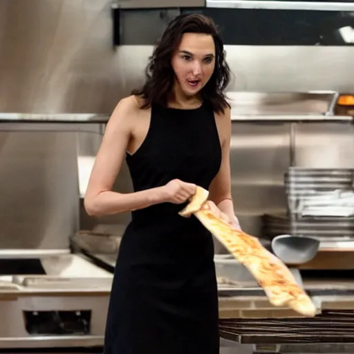 Prompt: Gal Gadot wearing a long black dress and flipping pizza dough in a pizzeria.