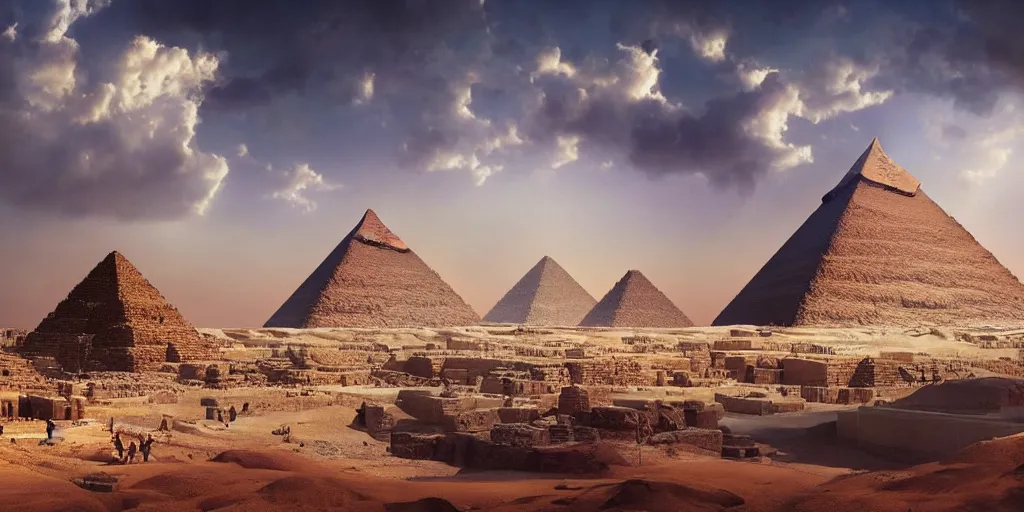 Image similar to beautiful egyptian landscape, pyramid, gorgeous clouds, god rays, digital art, landscape, fantasy art, octane render, ureal engine, high detail, very realistic, by greg rutkowski. by james gurney