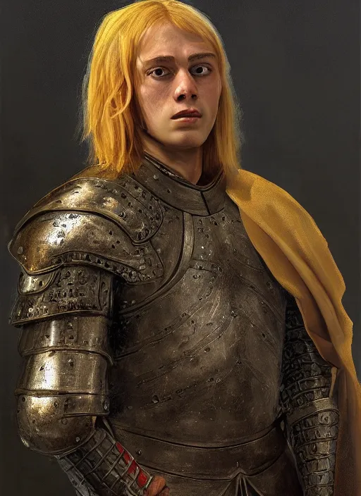 Prompt: oilpainting of an ugly young knight, ugly, hunchback, knight armor, no helmet, stringy hair, blemished face, strong, high resolution, clear image, digital art, studio photo, 4 k, clear lines, artstation, rendition by jan van eyck