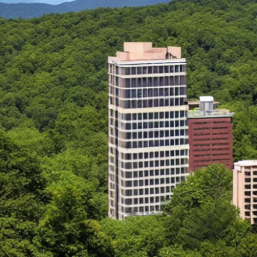 Prompt: super tall hotel above the asheville, nc skyline