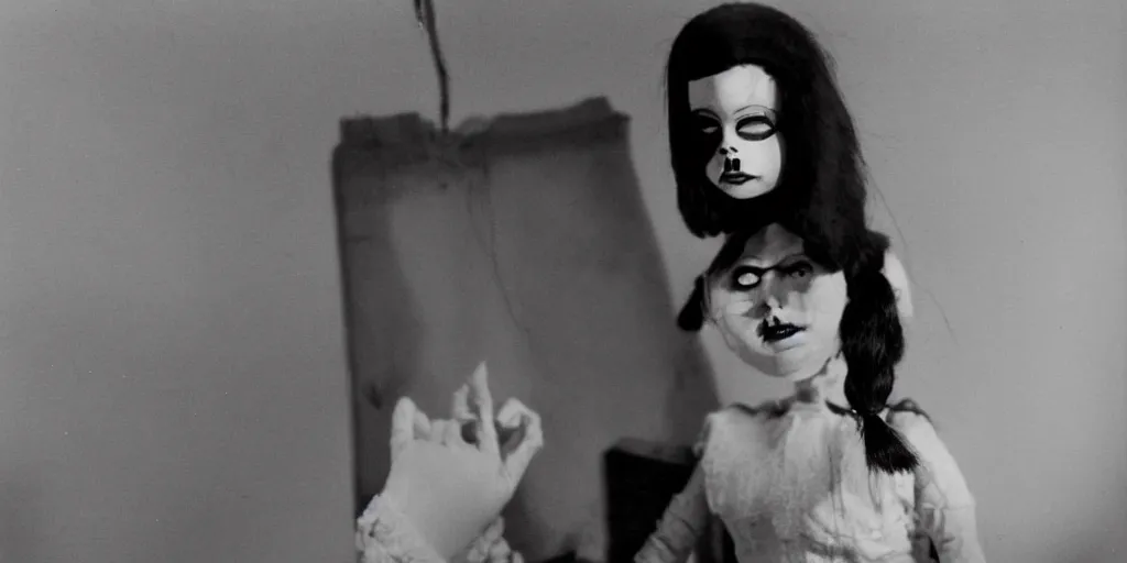 Image similar to 1 9 7 0 s female alive, eerie, creepy masked marionette puppet, lana del rey, unnerving, clockwork horror, pediophobia, lost photograph, dark, forgotten, final photo found before disaster, realistic, vintage noir, polaroid,