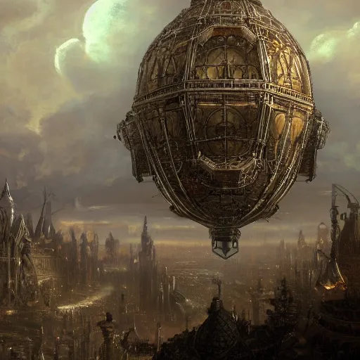 Image similar to enormous flying city in a faberge egg, sky, steampunk, fantasy art, masterpiece, hugh ferriss, unreal engine, andreas achenbach cloudy background, latticework