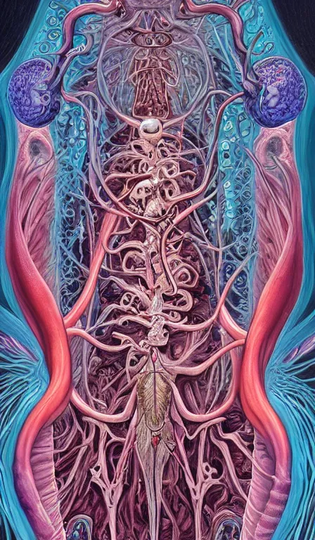 Image similar to a biomorphic painting of the high priestess tarot card, a anatomical medical illustration by nychos and alex grey, cgsociety, neo - figurative, pastel blues and pinks, detailed painting, rococo, oil on canvas, lovecraftian