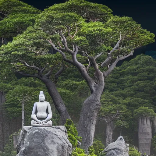 Image similar to photo of a meditating monkey on a chinese stone forest at night with the giant moon begind,