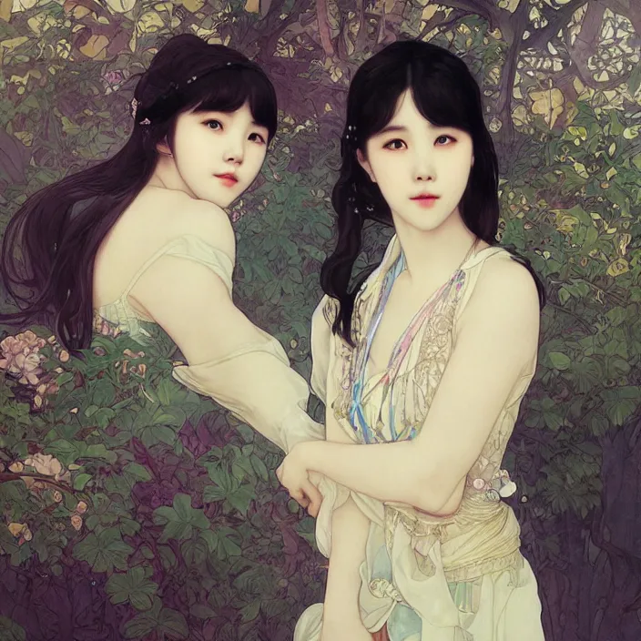 Image similar to IU, Korean Idol, KoreN Artist, very detailed, digital art, concept art, studio quality, ethereal, art style by Alphonse Mucha