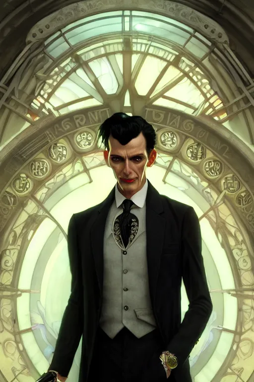 Prompt: ultra realistic, thin man in expensive stylish modern suit, black hair, occult jewelry, fantasy, intricate details, eerie, highly detailed, octane render, 8 k, art by artgerm and alphonse mucha and greg rutkowski