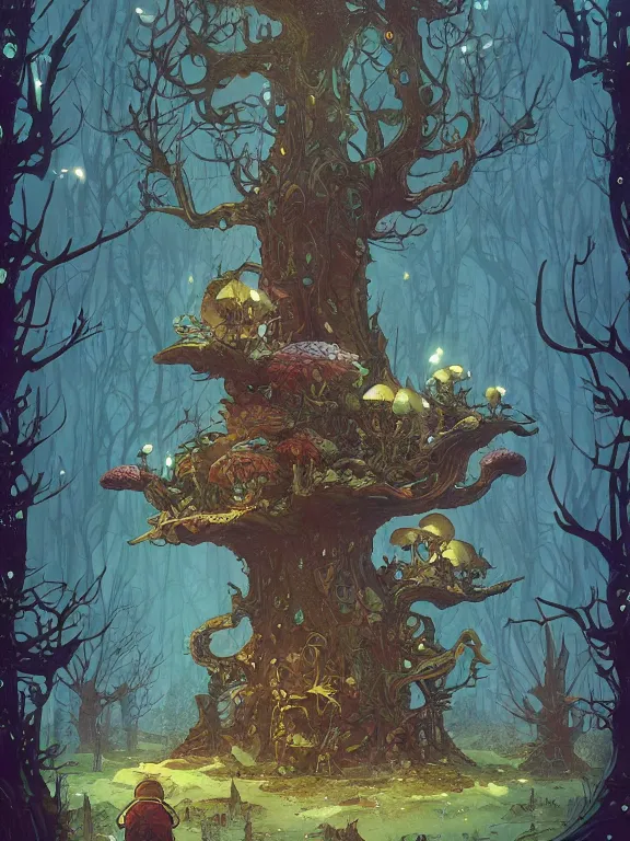 Image similar to large broken and abandonned robot un forbidden forest with trees and mushrooms on its head, stylized illustration by peter mohrbacher, moebius, mucha, victo ngai, colorful comics style