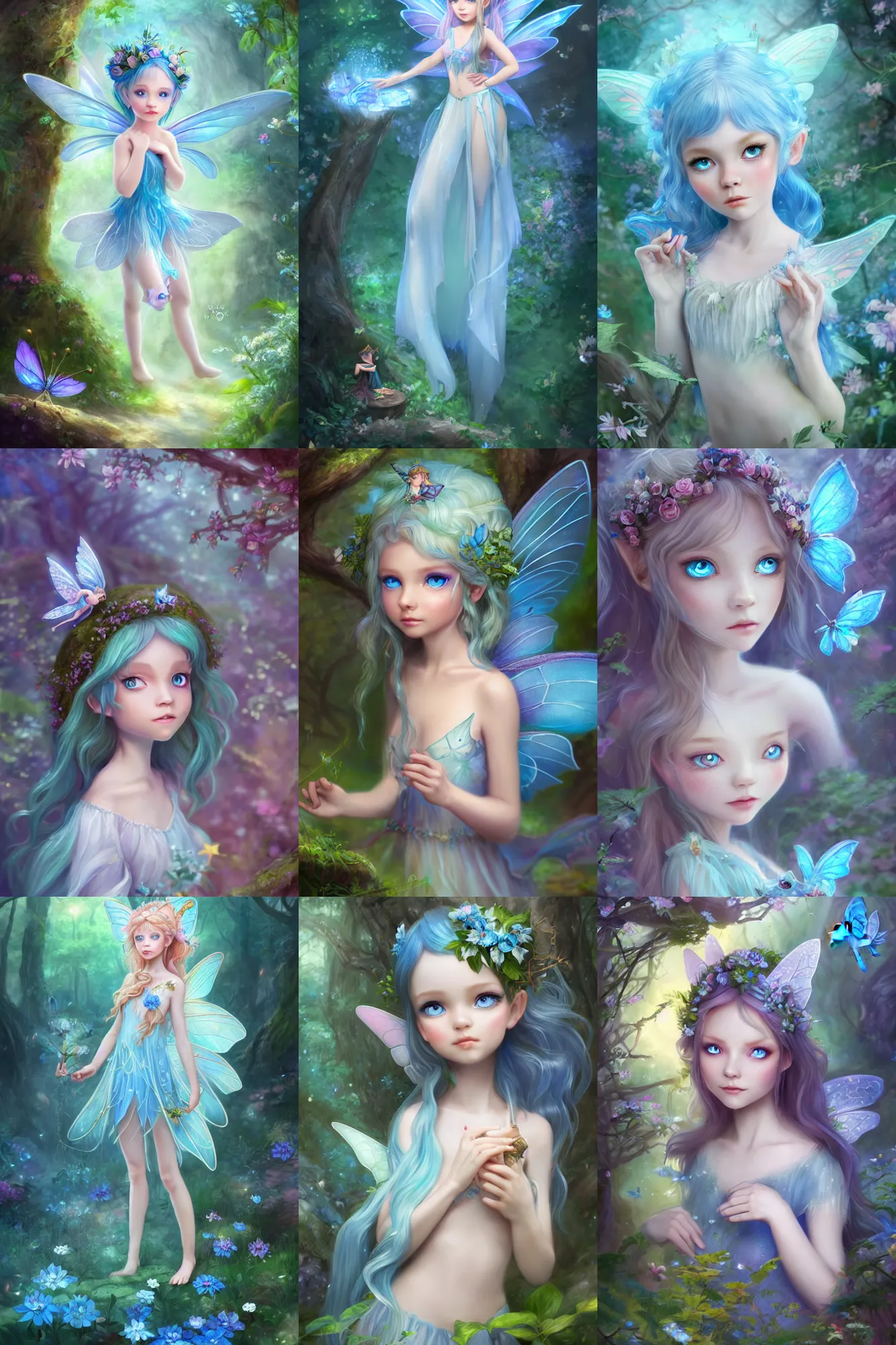 Prompt: small beautiful fairy with blue eyes, a cute and geogerous fairy in the dreamy forest, fantasy, dreamlike, 8 k resolution, hyper detailed, d & d, character design, digital painting, trending on artstation, sharp focus, illustration, art by viktoria gavrilenko, hoang lap, fuji choko, steve zheng,