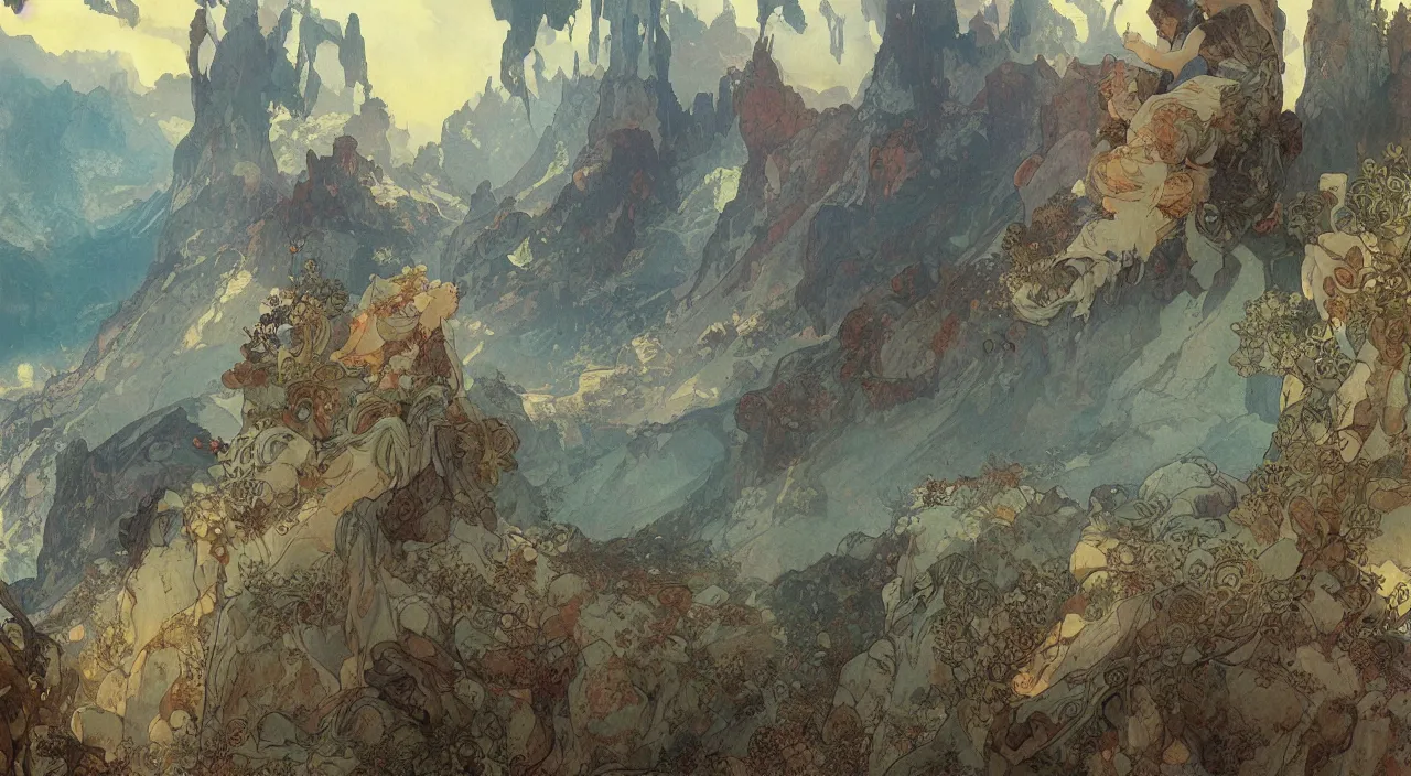 Prompt: A beautiful landscape painting of dystopian future in the mountains by Alfons Maria Mucha and Yoshitaka Amano and jean-honore fragonard