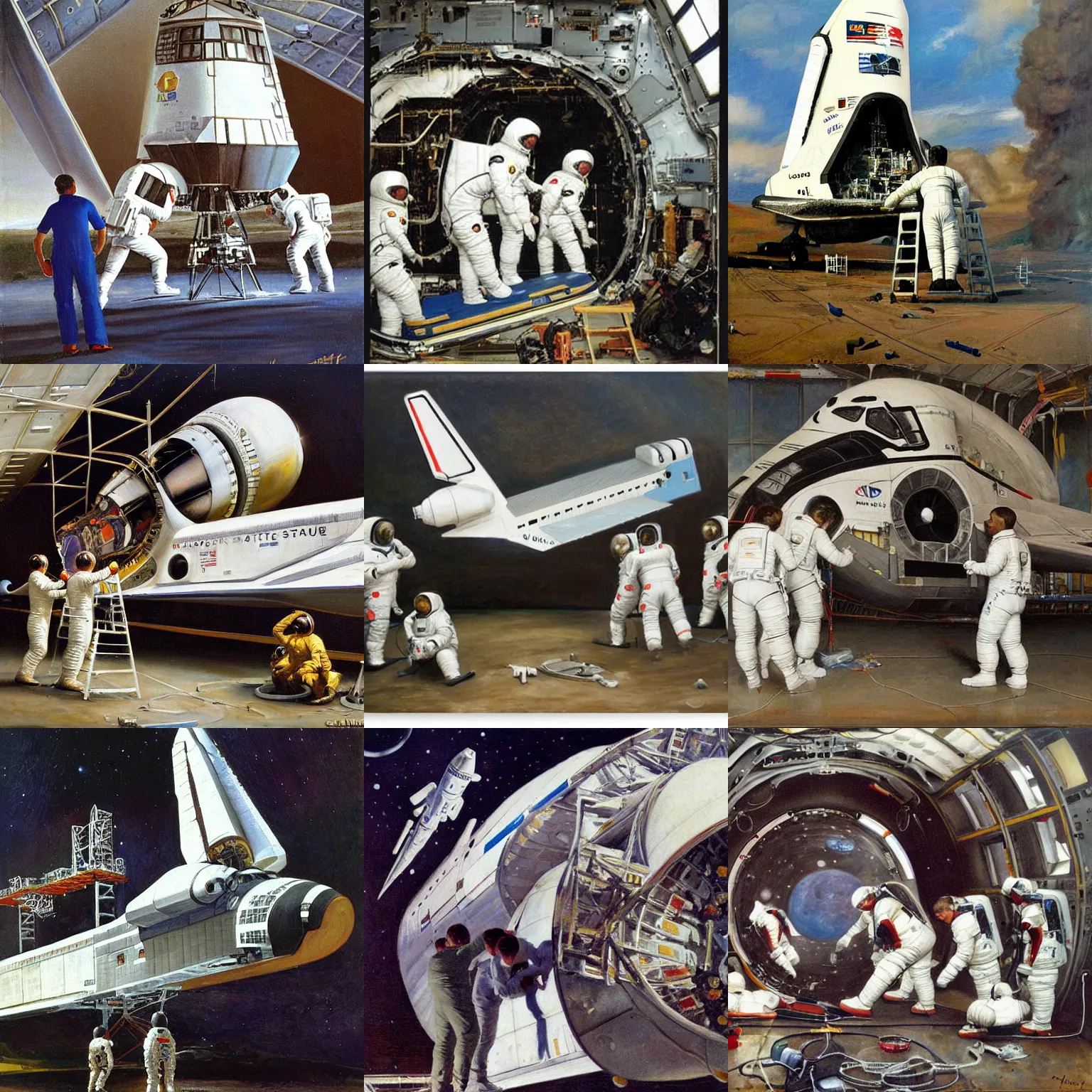 Prompt: astronauts repairing a space shuttle, painting by henry scott tuke