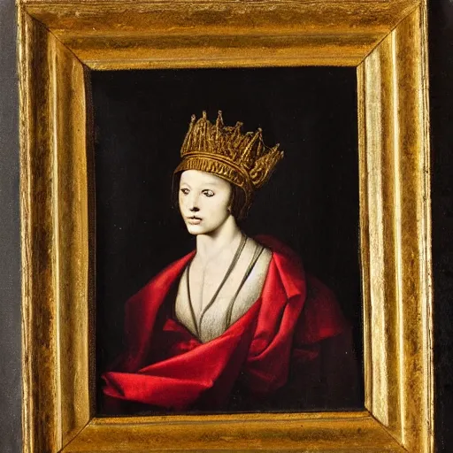 Image similar to renaissance style portrait of a chamois wearing a crown and a cape, dark background
