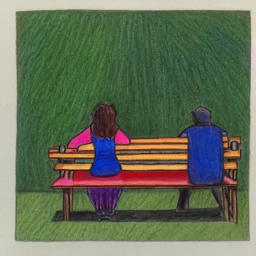 Prompt: a couple sitting on a park bench, colored pencil