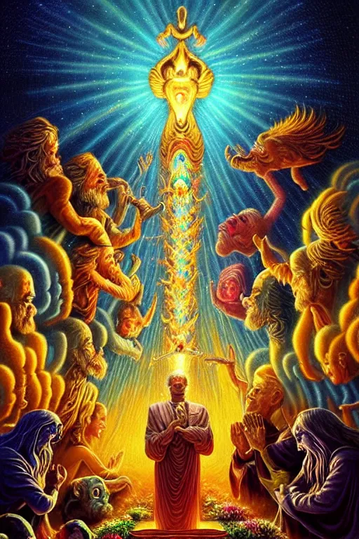 Prompt: a photorealistic detailed cinematic image of ornate beings guiding a departed soul to the afterlife. life review with god, remembering your life. met by friends and family, overjoyed, emotional by pinterest, david a. hardy, kinkade, lisa frank, wpa, public works mural, socialist