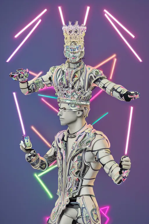 Prompt: full-body neon marble bladerunner and baroque style sculpture of a muscular handsome Joe Jonas prince wearing thick 3D glasses as a half android with a porcelain chest, electric sparks, crown of giant diamonds, sparkling laserbeams, pink and white neon tigers, baroque elements. full-length view. baroque element. intricate artwork by caravaggio. Trending on artstation, octane render, cinematic lighting from the right, hyper realism, octane render, 8k, depth of field, 3D