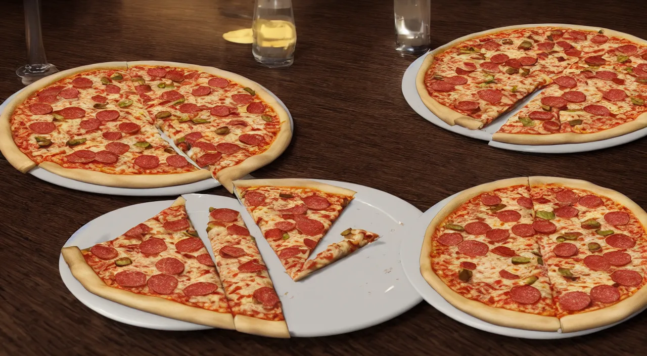 Prompt: one round tasty pizza on a plat in a restaurant with pineapple and ham, the restaurant is at the coast of italy, ultra realistic, artstation