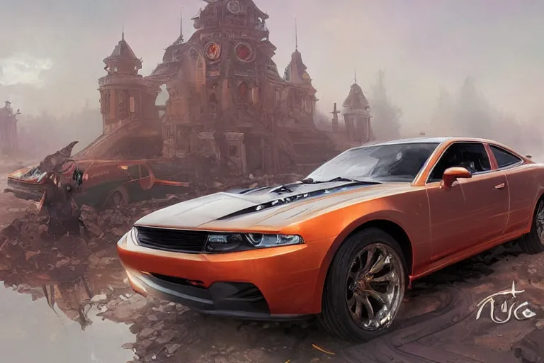 Prompt: The general Lee car, fantasy, elegant, intricate, highly detailed, digital painting, artstation, concept art, sharp focus, illustration, art by artgerm and greg rutkowski and alphonse mucha