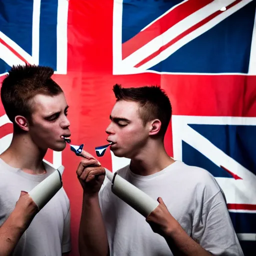 Image similar to mid-shot portrait photograph of two male British chav youths holding knives and smoking in front of the Union Jack, high quality