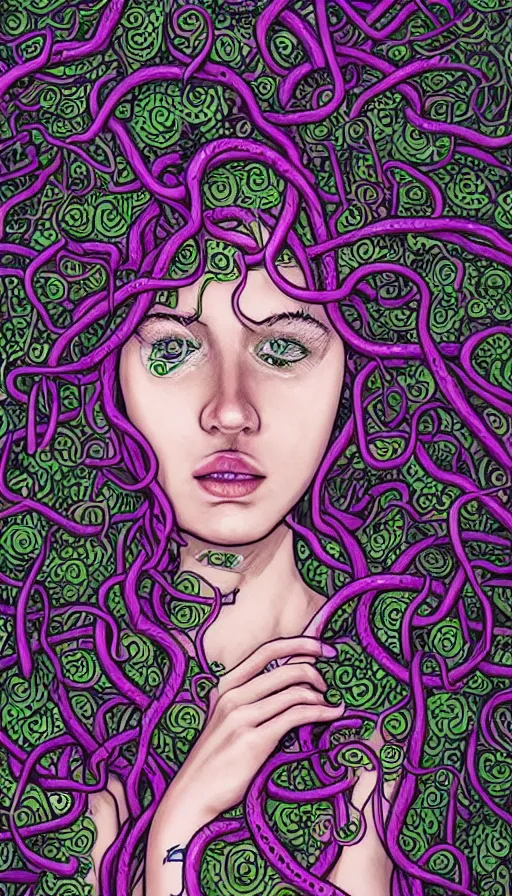 Prompt: very detailed portrait of a 2 0 years old girl surrounded by tentacles, the youg woman visage is blooming from fractal and vines, by jhonen vasquez