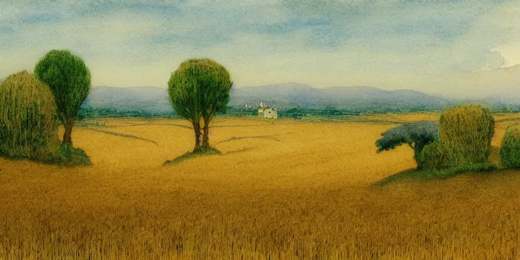 Prompt: a hiper intricate watercolor of a beatifull serene wheat field with some trees and little village in the background, extremely detailed, sharp focus, wide view, smooth, digital illustration, colorfull, by william turner art, by greg rutowski, by carl larson, by edmund dulac