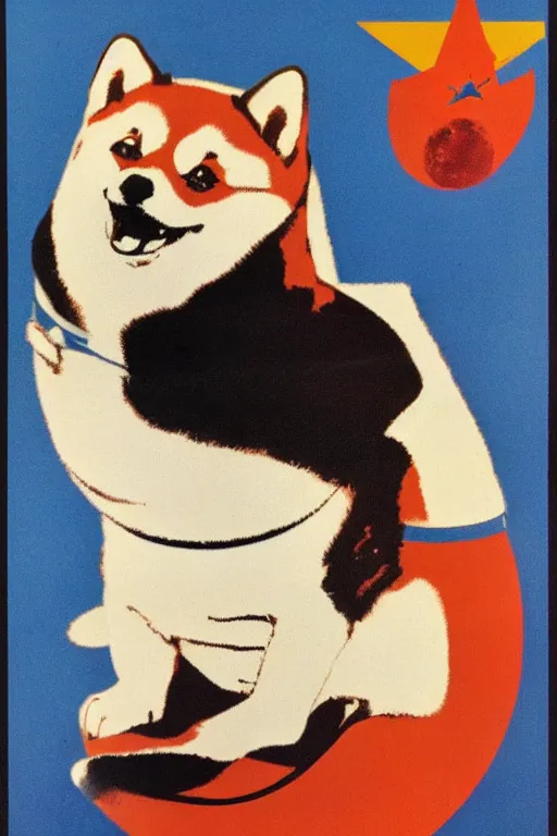 Image similar to Shiba Inu cosmonaut portrait, moon mission, 60s poster, 1968 Soviet