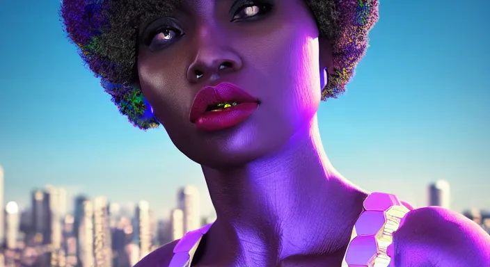 Image similar to portrait of beautiful cyberpunk black woman with afro hair, rio de janeiro!! pao de acucar!! corcovado ipanema on the background, blue and purple digital art trending on artstation, beeple, soft lighting, bokeh