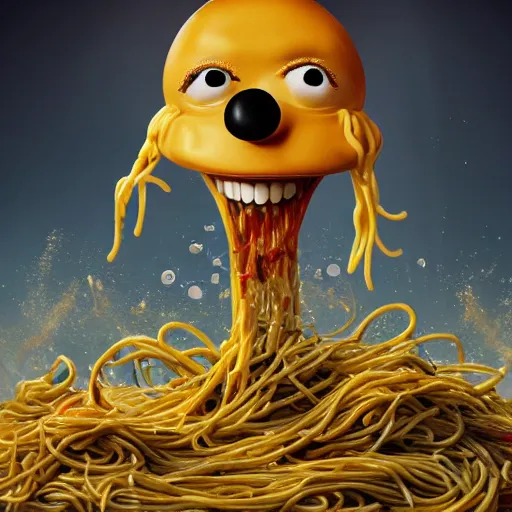 Prompt: john leguizamo swimming in a sea of spaghetti and bottles of mustard, surrealism, anthropomorphic, high detail, trending on artstation, trending on deviantart, 8 k, - n 9, - g