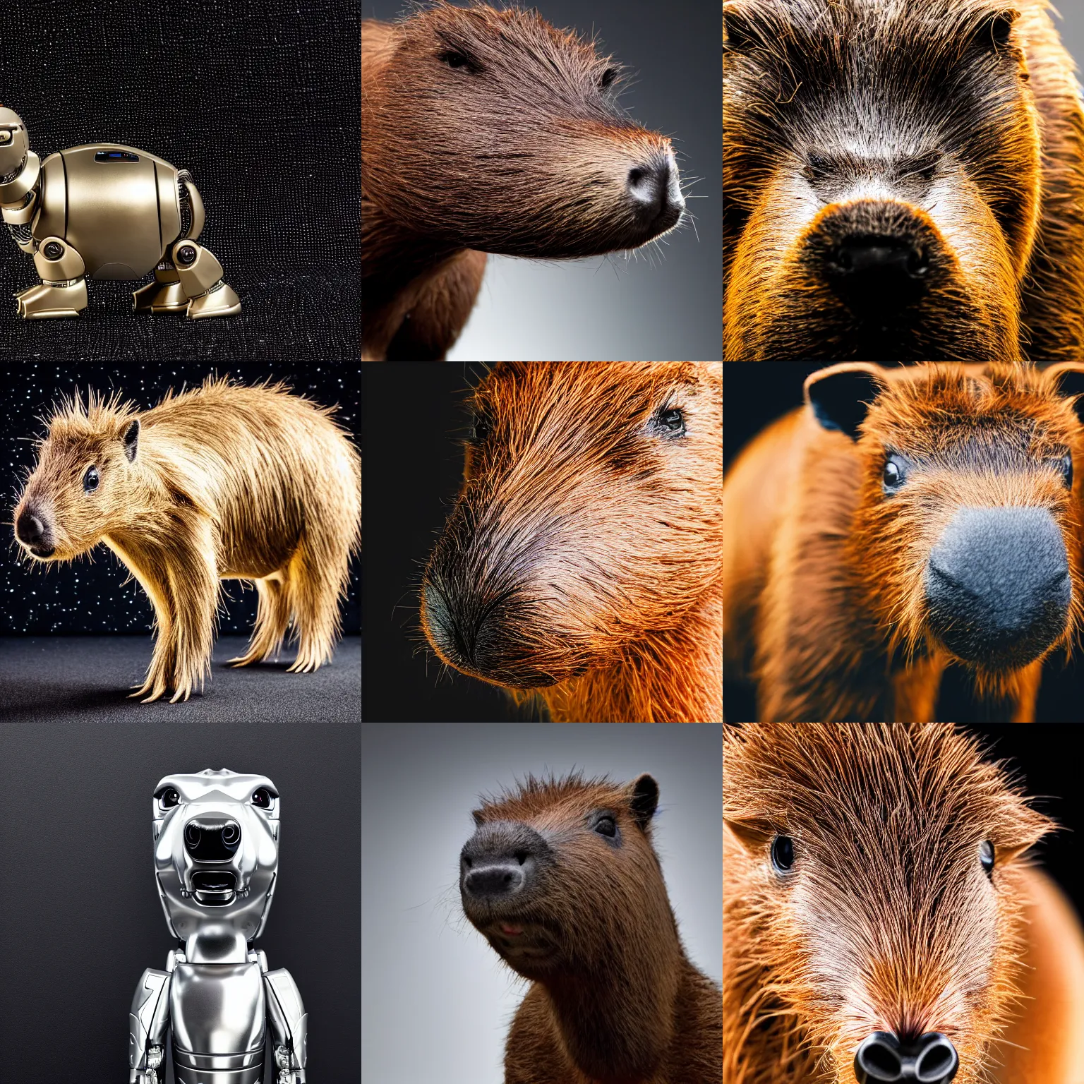 Prompt: highly detailed closeup studio photograph of a metallic robot capybara in front of a black background, 4k, shiny