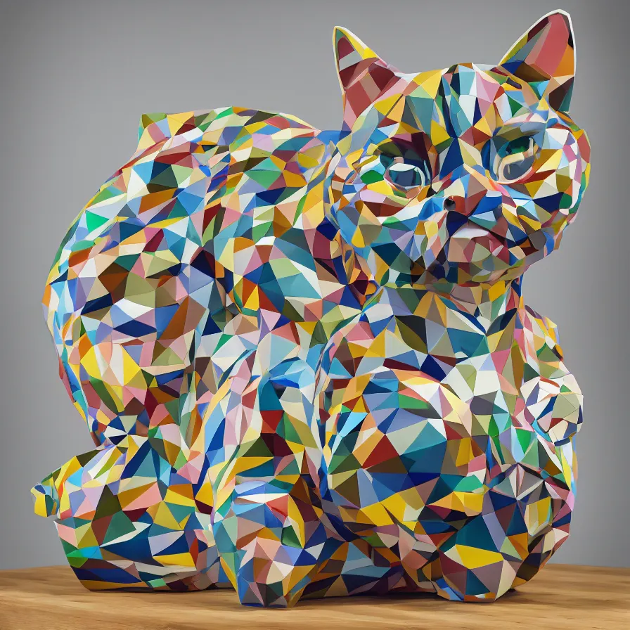 Image similar to beautiful gallery show studio photograph of a giant realistic geometric ceramic sculpture of lil bub cat!!!!, heavily glazed by bridget riley and victor vasarely, placed on a polished wooden table, colorful hyperrealism 8 k trending on artstation