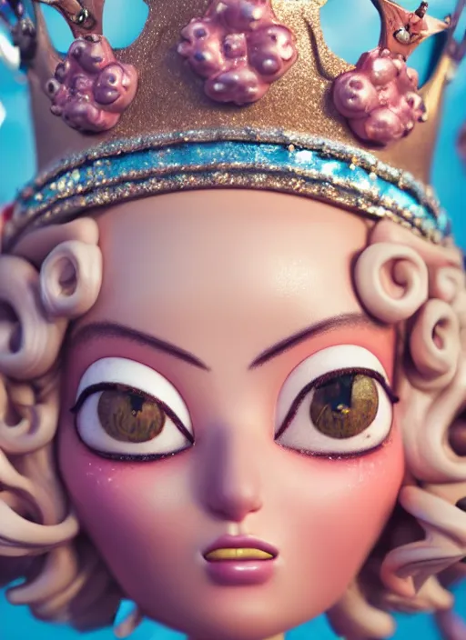 Image similar to closeup face profile portrait of a tin toy fairytale princess wearing a crown eating cakes, bikini, depth of field, zeiss lens, detailed, symmetrical, centered, fashion photoshoot, by nicoletta ceccoli, mark ryden, lostfish, breathtaking, 8 k resolution, extremely detailed, beautiful, establishing shot, artistic, hyperrealistic, octane render