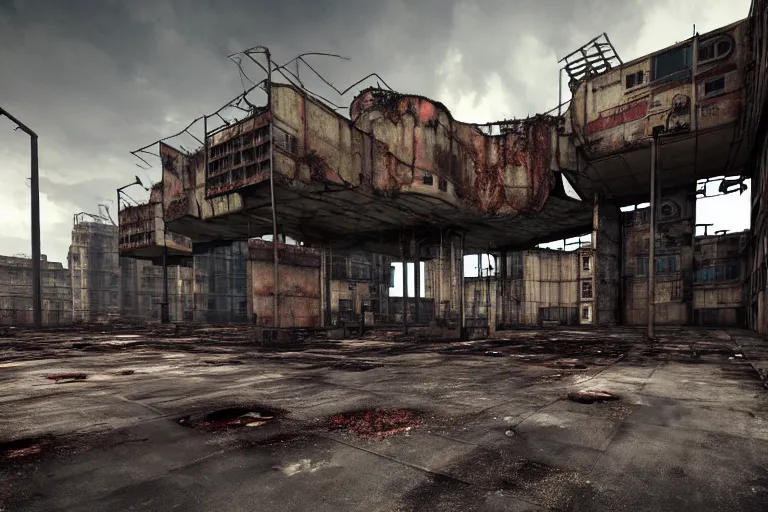 Image similar to the last sanctuary - post apocalyptic refuge, sci - fi fantasy architecture, a former factory transformed into a fortress, surrounded by walls and littered with rust and decay, large angles for big views, tubes, barrels, towers, tires, cages, damaged cars and buses, containers, chairs, scaffolds, unreal engine, cinema 4 d hdr 3 d render, trending on artstation