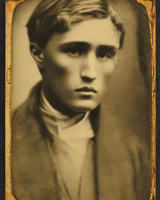 Image similar to tintype photo of alyosha karamazov, handsome innocent young russian man, by julia margaret cameron 1 8 8 0 s, realistic, body shot, sharp focus, 8 k high definition, insanely detailed, intricate, elegant