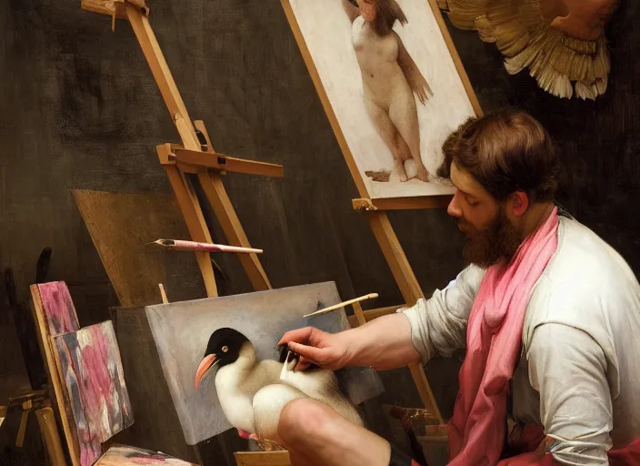 Image similar to a young painter in his studio painting a picture of a pink penguin, by edgar maxence and caravaggio and michael whelan and delacroix style, artistic, intricate drawing, cinematic lighting, hyper realistic, extremely detailed, establishing shot, 8 k resolution, dramatic lighting