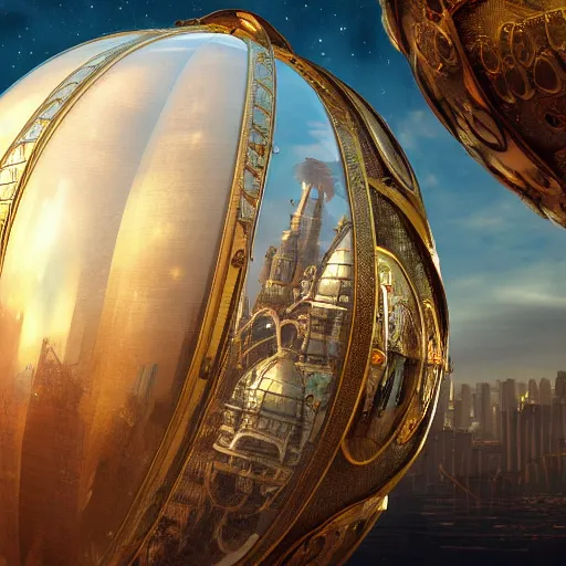 Image similar to enormous flying city in a faberge egg, sky, steampunk, fantasy art, octane render