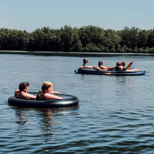 Image similar to a group of 4 people on inner tubes floating on a river