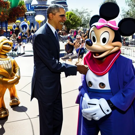 Prompt: obama shaking hands with smiling alien at disneyland