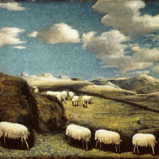 Image similar to a landscape with a sheeps in the style of segantini