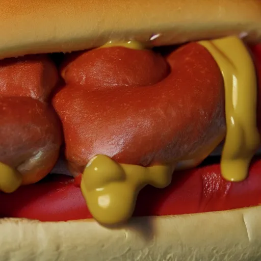 Prompt: cinematic shot a hotdog, hyper realistic, mood lighting, fantasy, detailed face, highly detailed, super realistic, perfect lighting