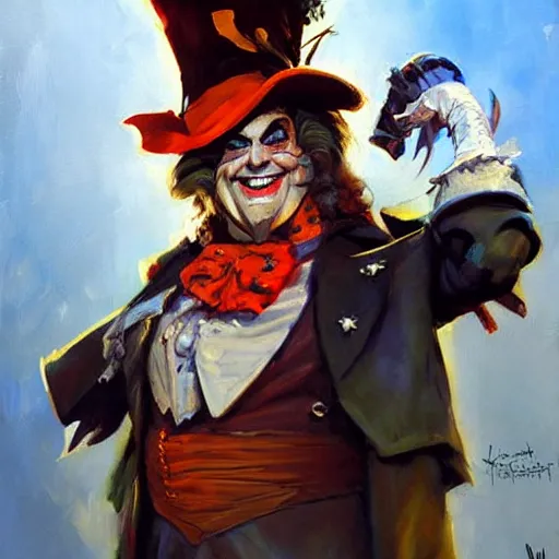 Image similar to greg manchess portrait painting of partially armored mad hatter from alice in wonderland as overwatch character, wacky, medium shot, asymmetrical, profile picture, organic painting, sunny day, matte painting, bold shapes, hard edges, street art, trending on artstation, by huang guangjian and gil elvgren and jesper ejsing