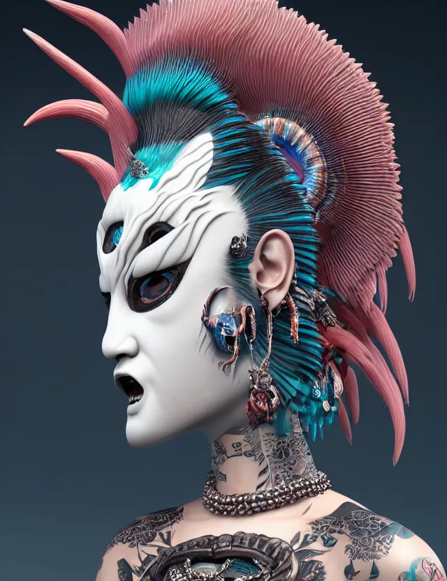 Image similar to 3 d goddess close - up profile portrait punk with mohawk with ram skull. beautiful intricately detailed japanese crow kitsune mask and clasical japanese kimono. betta fish, jellyfish phoenix, bio luminescent, plasma, ice, water, wind, creature, artwork by tooth wu and wlop and beeple and greg rutkowski