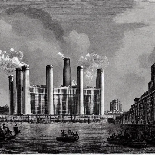 Image similar to A detailed engraving of a battersea power station in the style of piranesi