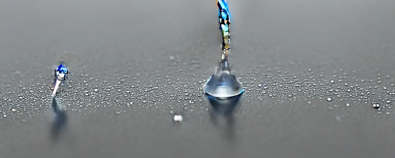 Image similar to a single drop of water balances on the tip of a pin