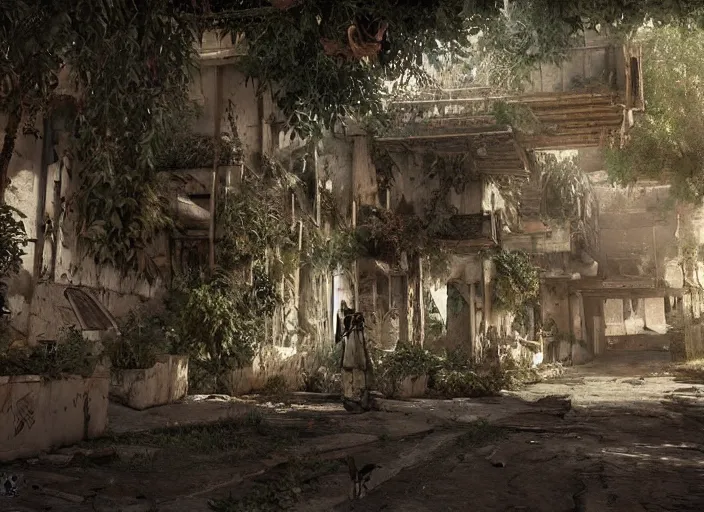 Image similar to casbah algiers post apocalyptic, vegetation, ultra realistic, insane details, cinematic, epic composition, unreal engine, octane render